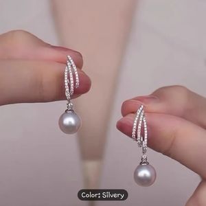 [New] faux pearl with zirconia earrings , elegant, party, daily, silvery